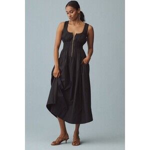Anthropologie Scoop-Neck Smocked Poplin Ruched Midi Dress  Cotton XS 286217